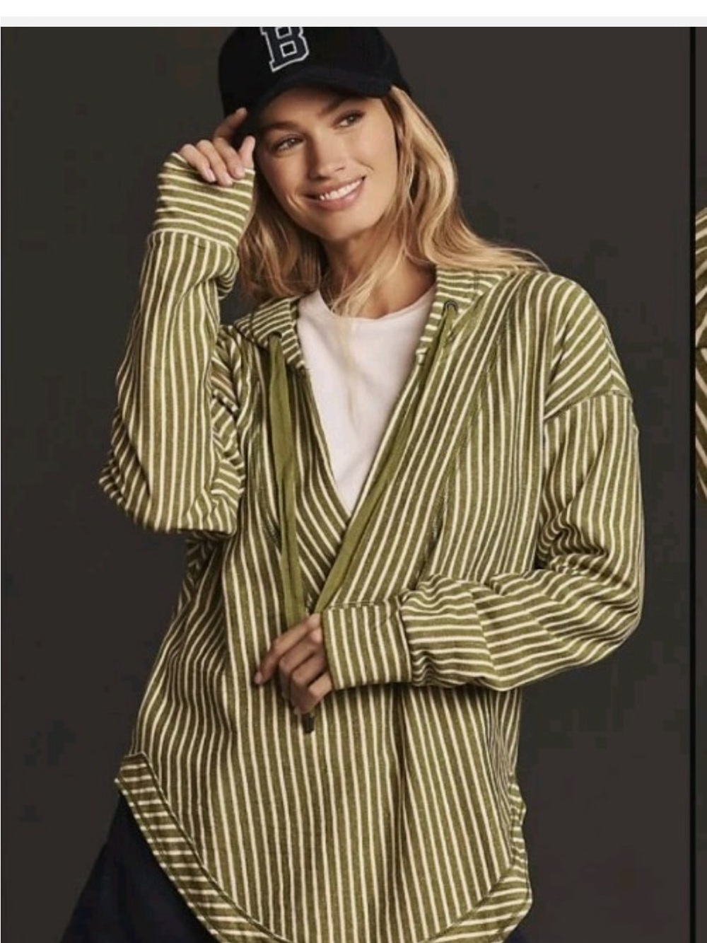 Pilcro by Anthropologie Striped Pullover Hoodie | Small | Olive Green & Ivory